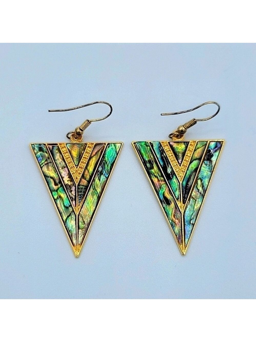 Vintage Goldtone Geometric V Shape Abalone Earrings #1216